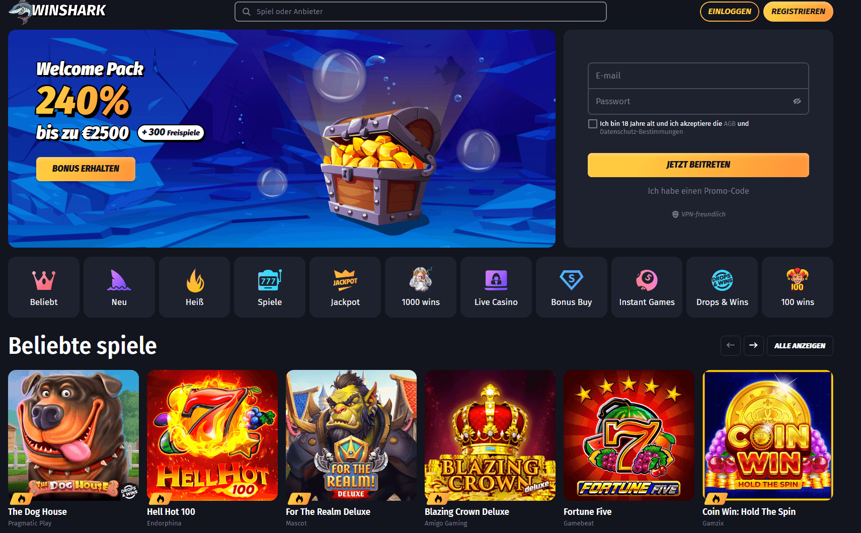 Winshark Casino mit Sofort Auszahlung