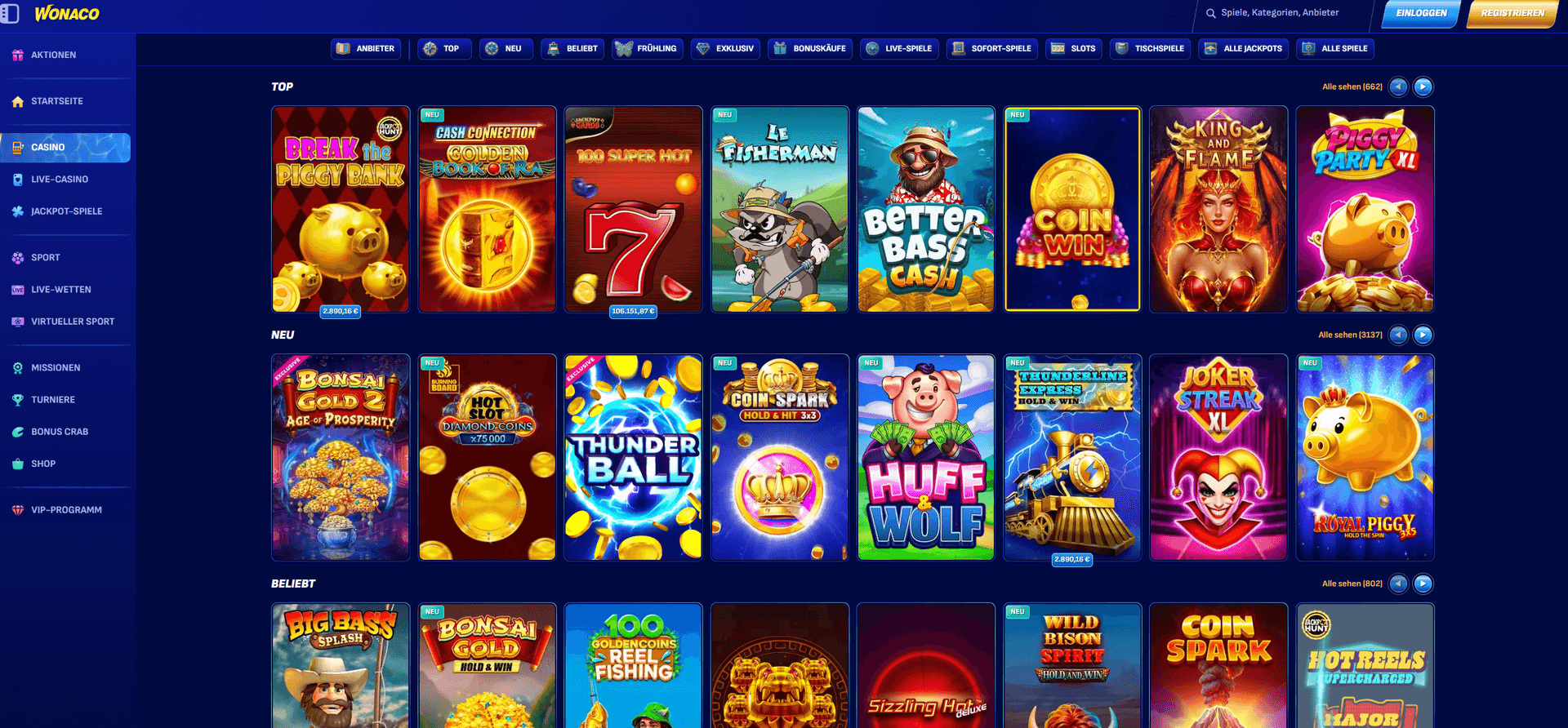 Wonaco Casino mit Sofort Auszahlung